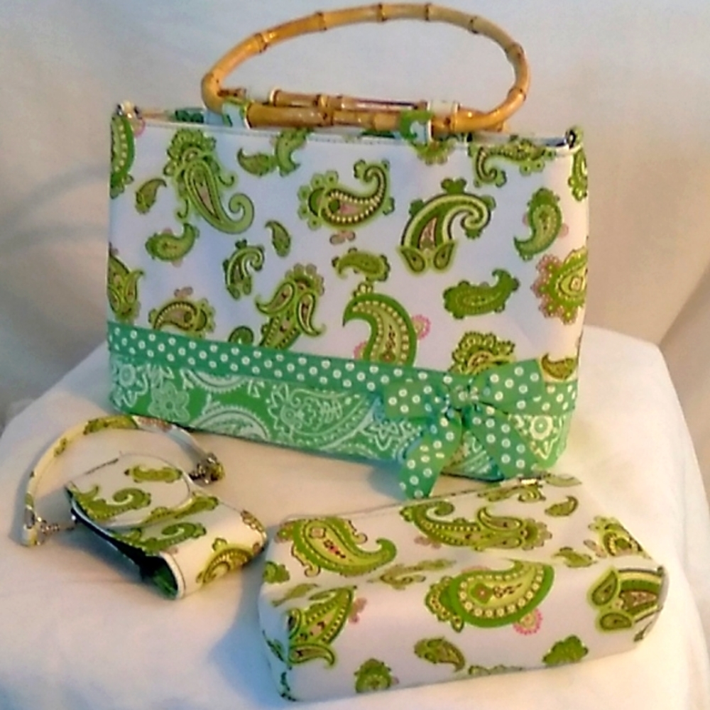 Fashion bag 3 piece set in green/white/pink Paisley print with bamboo handles 💚